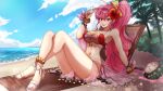  1girl absurdres alternate_costume ankle_ribbon anklet arm_support beach beach_chair bendy_straw big_hair bikini blurry blurry_background blush bow bracelet breasts clouds coconut crossed_legs drinking_straw english_commentary eyebrows_visible_through_hair fire_emblem fire_emblem:_new_mystery_of_the_emblem flower hair_bow hair_flower hair_ornament highres jewelry kamilisme large_breasts long_hair looking_at_viewer nail_polish navel ocean palm_tree phina_(fire_emblem) pink_bow pink_eyes pink_hair ponytail red_bikini red_flower ribbon sand sandals sarong second-party_source see-through shadow sidelocks sitting smile solo sunglasses swimsuit thighs tree two-tone_bikini very_long_hair white_bikini wrist_bow yellow_bow 