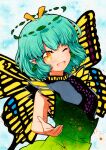  1girl ;d antennae aqua_hair butterfly_wings dress eternity_larva eyebrows_visible_through_hair green_dress hair_ornament kariyushi_shirt leaf leaf_hair_ornament leaf_on_head light_blue_background looking_at_viewer multicolored multicolored_clothes multicolored_dress one_eye_closed open_mouth outstretched_arm outstretched_hand qqqrinkappp short_sleeves single_strap smile touhou traditional_media upper_body wings yellow_eyes yellow_wings 