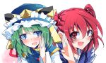  2girls :d asymmetrical_hair bangs blue_eyes blue_kimono blue_vest blush commentary_request eyebrows_visible_through_hair gold_trim green_hair hair_bobbles hair_ornament hat hat_ribbon ichimura_kanata japanese_clothes jewelry kimono long_sleeves looking_at_viewer multiple_girls onozuka_komachi open_mouth puffy_short_sleeves puffy_sleeves red_eyes redhead ribbon ring shiki_eiki shirt short_sleeves smile sweatdrop touhou two_side_up upper_body vest wedding_band white_shirt wife_and_wife 