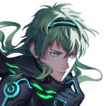 1boy backlighting bangs bishounen black_bodysuit bodysuit close-up david_(fate) eilinna face fate/grand_order fate_(series) floating_hair green_eyes green_hair hair_between_eyes long_hair male_focus science_fiction smile solo white_background wind 