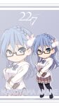  1girl 22/7 blue_eyes blue_hair braid character_name chibi copyright copyright_name glasses hair_ornament highres horiguchi_yukiko long_hair looking_at_viewer maruyama_akane official_art pantyhose pleated_skirt ribbon school_uniform semi-rimless_eyewear skirt smile under-rim_eyewear 