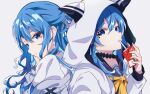  2girls absurdres animal_hood bangs black_choker blue_eyes blue_hair box cardigan choker commentary_request drinking_straw_in_mouth dual_persona earrings eyebrows_visible_through_hair grey_cardigan hair_between_eyes hand_on_own_cheek hand_on_own_face hand_up highres holding holding_box hololive hood hood_up hooded_jacket hoshimachi_suisei jacket jewelry juice_box long_hair long_sleeves looking_back multiple_girls parted_lips pension_z sidelocks simple_background star_(symbol) star_in_eye symbol_in_eye upper_body virtual_youtuber white_background white_jacket 