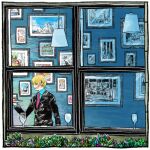  1boy blonde_hair cup drinking_glass food formal grin hair_over_eyes hanging_light itowo_(itowc) long_sleeves necktie one_piece photo_(object) picture_(object) picture_frame plate sanji serving short_hair smile solo suit through_window window wine_glass 