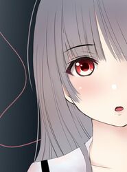  1girl :o ahoge black_background blush close-up copyright_request gradient gradient_background grey_hair kozue_akari looking_at_viewer parted_lips red_eyes sailor_collar school_uniform serafuku solo string string_of_fate white_sailor_collar 