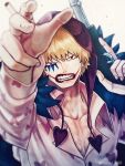  1boy blonde_hair cigarette clenched_teeth collared_shirt commentary_request donquixote_rocinante foreshortening gun heart heart_print holding holding_gun holding_weapon hood looking_at_viewer makeup male_focus one_piece pink_shirt shirt short_hair solo teeth toyoura_(23066494) upper_body weapon 