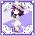  1girl alternate_hairstyle bangs blue_bow book bow cape character_name chibi crescent crescent_hat_ornament double_bun dress eyebrows_visible_through_hair from_side hair_between_eyes hair_bow hands_up hat hat_bow hat_ornament heart long_sleeves looking_at_viewer mob_cap open_mouth patchouli_knowledge pink_bow purple_background purple_dress purple_hair remyfive short_hair slippers solo standing striped striped_dress touhou violet_eyes white_cape white_dress white_footwear white_headwear wide_sleeves 