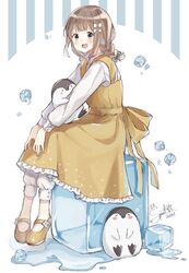  1girl bangs belt bird blunt_bangs bow braid brown_eyes brown_hair dress hair_bow hug ice ice_cube long_dress looking_at_viewer medium_hair open_mouth original pants penguin shano-pirika shoes single_braid sitting smile solo white_pants yellow_bow yellow_dress 