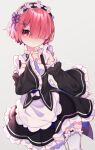  1girl apron bangs black_dress black_sleeves bow detached_sleeves dress eringikinono frilled_dress frilled_sleeves frills grey_background hair_ornament hair_ribbon highres looking_at_viewer maid maid_headdress purple_ribbon ram_(re:zero) re:zero_kara_hajimeru_isekai_seikatsu ribbon roswaal_mansion_maid_uniform shiny shiny_hair short_hair solo thigh-highs twitter_username white_apron white_bow wide_sleeves x_hair_ornament 