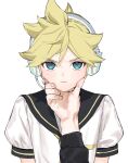  1boy aqua_eyes blonde_hair commentary headphones headset kagamine_len light_blush light_frown looking_at_viewer male_focus master_(vocaloid) naoko_(naonocoto) necktie pov pov_hands shirt short_sleeves simple_background spiky_hair sweat v-shaped_eyebrows vocaloid white_background white_shirt yellow_neckwear 