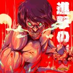  1boy black_hair blood clenched_teeth english_commentary floating_hair freakyfir green_eyes looking_at_viewer open_hand red_background rogue_titan shingeki_no_kyojin signature smoke solo teeth 