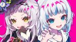  2girls :d absurdres bangs black_gloves black_hairband black_headwear blue_eyes blue_hair blue_nails blush brown_eyes commentary_request eyebrows_visible_through_hair gawr_gura gloves hairband hand_up hat highres hololive hololive_english long_hair long_sleeves looking_at_viewer multicolored_hair multiple_girls murasaki_shion nail_polish open_mouth paw_pose pension_z purple_background sharp_teeth silver_hair simple_background smile streaked_hair teeth tilted_headwear upper_body upper_teeth v-shaped_eyebrows virtual_youtuber witch_hat 