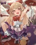  1girl :d absurdres arm_up bangs bare_shoulders blurry blush bottle bow bowtie brown_eyes brown_hair center_frills chain commentary_request cup depth_of_field drunk eyebrows_behind_hair fang footwear_bow frills highres horn_bow horn_ornament horns ibuki_suika kani_nyan knee_up long_hair looking_at_viewer nose_blush oni_horns purple_bow purple_skirt red_bow red_neckwear sakazuki shirt sidelocks skin_fang skirt smile solo sweat touhou very_long_hair white_shirt 