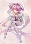  1girl absurdres alternate_costume bare_shoulders bottomless eyebrows_visible_through_hair eyes_visible_through_hair floating floating_hair full_body goddess_madoka hair_ribbon hands_on_own_chest hands_up highres kaname_madoka legs_up long_hair looking_at_viewer mahou_shoujo_madoka_magica mesarei no_panties object_hug pillow pillow_hug pink_background pink_hair pink_legwear ribbon sitting smile solo spread_legs thigh-highs transparent_wings v_legs very_long_hair white_ribbon winged_footwear yellow_eyes zettai_ryouiki 