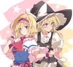  2girls alice_margatroid apron arm_up ascot bangs black_headwear black_vest blonde_hair blue_eyes blush bow closed_mouth dress earrings eyebrows_visible_through_hair frilled_hairband frills hair_between_eyes hairband hat highres holding_hands ichimura_kanata jewelry kirisame_marisa lolita_hairband long_hair looking_at_viewer looking_to_the_side multiple_girls red_hairband red_neckwear short_hair short_sleeves sidelocks smile standing sweatdrop touhou upper_body vest white_apron witch_hat yellow_eyes 
