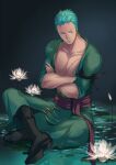  1boy bare_pectorals boots crossed_arms crossed_legs dark-skinned_male dark_skin eilinna full_body green_hair japanese_clothes kimono lily_pad long_sideburns male_focus muscular muscular_male no_nipples one_piece open_clothes open_kimono pectorals roronoa_zoro scar scar_across_eye scar_on_chest short_hair sideburns smile solo 
