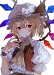  1girl ascot blonde_hair blush closed_mouth crystal expressionless eyebrows_visible_through_hair fingernails flandre_scarlet flat_chest frilled_shirt_collar frills hair_between_eyes hand_up hat hat_ribbon highres iwai_ku_tsuki looking_away looking_to_the_side mob_cap one_side_up pointy_ears puffy_short_sleeves puffy_sleeves red_eyes red_ribbon red_skirt red_vest ribbon short_hair short_sleeves simple_background skirt solo touhou upper_body vest white_background white_headwear wings wrist_cuffs yellow_neckwear 