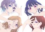  4girls asakura_tooru black_hair blue_hair brown_eyes brown_hair collage commentary_request fang fukumaru_koito gradient_hair green_eyes hair_bun highres higuchi_madoka ichikawa_hinana idolmaster idolmaster_shiny_colors long_hair looking_at_viewer mole mole_under_eye multicolored_hair multiple_girls nail_polish noctchill_(idolmaster) nude portrait riku_riku88 short_hair side_bun skin_fang twintails violet_eyes 