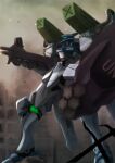  building dust firing from_side fubuki_(muvluv) gun highres holding holding_gun holding_shield holding_weapon mecha muvluv muvluv_alternative no_humans science_fiction shield sidehiwinder solo tactical_surface_fighter visor weapon 