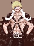  1boy abs alternate_costume areolae bare_pectorals black_pants blonde_hair chest_harness cigarette commentary_request donquixote_rocinante feet_out_of_frame harness horns makeup male_focus muscular muscular_male navel one_piece pants pectorals short_hair skull solo toyoura_(23066494) 