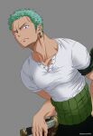 1boy earrings green_hair highres jewelry long_sideburns looking_at_viewer male_focus one_piece partially_unbuttoned pectorals pinattsu roronoa_zoro sheath sheathed shirt short_hair sideburns single_earring solo tight tight_shirt toned toned_male upper_body white_shirt 