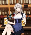  1girl alcohol artist_name bangs bar bare_legs barmaid beer beer_mug blonde_hair blue_dress breasts choker circle_skirt collarbone commission cup darkpulsegg dirndl dress eyebrows_visible_through_hair german_clothes glass graf_zeppelin_(kancolle) grey_eyes hair_between_eyes highres holding holding_cup iron_cross kantai_collection long_hair looking_at_viewer md5_mismatch mug oktoberfest short_dress sidelocks smile solo tied_hair twintails two-tone_dress underbust white_dress 