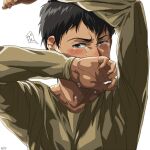  1boy arms_up bertolt_hoover black_hair blush casual covering_mouth crying crying_with_eyes_open dark-skinned_male dark_skin long_sleeves looking_at_viewer male_focus shingeki_no_kyojin short_hair solo tears upper_body zyunya 