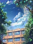  absurdres blue_sky branch building clouds commentary day highres leaf light_rays no_humans original outdoors pipe qdsn railing reflection scenery school sky tree window 