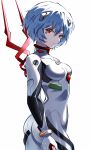  1girl absurdres ayanami_rei bangs cowboy_shot eyebrows_visible_through_hair from_side hair_between_eyes highres holding holding_polearm holding_weapon lance_of_longinus looking_at_viewer looking_to_the_side neon_genesis_evangelion parted_lips pension_z plugsuit polearm red_eyes short_hair sidelocks solo standing weapon white_background 