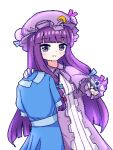  1girl :3 blue_dress chibikki collared_dress crescent crescent_hat_ornament dress gun hat hat_ornament highres holding holding_clothes holding_dress holding_gun holding_weapon long_dress mob_cap patchouli_knowledge pixel_art pointing pointing_at_viewer purple_hair purple_neckwear simple_background solo striped striped_dress touhou vertical-striped_dress vertical_stripes violet_eyes weapon white_background 