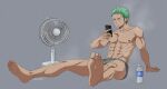  1boy abs bottle briefs bulge electric_fan feet full_body green_hair grey_male_underwear highres holding holding_phone long_sideburns male_focus male_underwear muscular muscular_male nipples one_piece pectorals phone pinattsu roronoa_zoro short_hair sideburns sitting solo steam stomach sweat topless_male underwear underwear_only water_bottle 