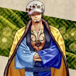  1boy black_hair blue_kimono chest_tattoo commentary_request crossed_arms facial_hair feet_out_of_frame goatee hands_in_opposite_sleeves haori highres jaguar_print japanese_clothes kimono long_sideburns looking_at_viewer male_focus one_piece pectoral_cleavage pectorals short_hair sideburns smile solo tattoo toned toned_male toyoura_(23066494) trafalgar_law 
