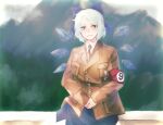  (9) 1girl adolf_hitler adolf_hitler_(cosplay) armband beige_jacket beige_neckwear blue_bow blue_eyes blue_hair blue_skirt bow cirno collared_shirt commentary cosplay hair_bow highres ice ice_wings long_sleeves mountainous_horizon necktie outdoors parody photo-referenced shirt short_hair sinonon218 skirt solo suit_jacket touhou white_shirt wings 