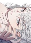  1girl blurry closed_mouth depth_of_field expressionless face frilled_skirt frills grey_eyes grey_hair grey_nails kazari_tayu looking_at_viewer original outstretched_hand short_hair skirt solo white_background white_eyes white_hair white_theme 