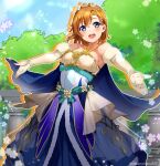  1girl :d absurdres alternate_costume alternate_hairstyle blue_cape blue_eyes blush cape dress elbow_gloves frilled_dress frills fur-trimmed_gloves fur_trim gloves hair_ornament hairclip head_wreath highres kousaka_honoka long_dress looking_at_viewer love_live! love_live!_school_idol_project nakano_maru orange_hair outstretched_arms smile strapless strapless_dress wg 