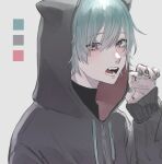  1boy animal_ears animal_hood aqua_hair arm_up bangs black_hoodie blush cat_ears cat_hood eyebrows_visible_through_hair eyelashes fangs gao hair_between_eyes hand_up highres hood hoodie long_sleeves male_focus nail_polish original pale_skin parted_lips red_eyes short_hair simple_background solo teeth turtleneck user_sxpy8278 wavy_hair 