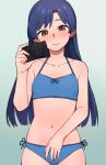  1girl black_panties blue_background blue_bra blue_hair blush bra brown_eyes camera closed_mouth collarbone commentary_request cowboy_shot hand_up holding holding_camera idolmaster idolmaster_million_live! idolmaster_million_live!_theater_days kisaragi_chihaya korean_commentary kwaejina looking_at_viewer mixed-language_commentary navel panties side-tie_panties simple_background smile standing straight_hair underwear 