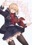  1girl ahoge artoria_pendragon_(fate) bangs black_legwear blonde_hair braid commentary_request cowboy_shot electricity fate/grand_order fate_(series) garter_straps glasses highres jacket long_sleeves looking_at_viewer mysterious_heroine_x_(alter)_(fate) open_mouth plaid plaid_scarf pleated_skirt red_scarf scarf school_uniform serafuku simple_background skirt solo tapioka_(oekakitapioka) thigh-highs yellow_eyes 