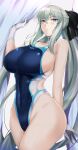  1girl bangs black_bow blue_eyes blue_swimsuit bow braid breasts covered_navel fate/grand_order fate_(series) french_braid gloves grey_hair hair_bow highleg highleg_swimsuit kumakichi_(cost-lost) large_breasts long_hair looking_at_viewer morgan_le_fay_(fate) one-piece_swimsuit ponytail sideboob sidelocks swimsuit thighs two-tone_swimsuit very_long_hair white_gloves white_swimsuit 