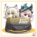  2girls absurdres animal_ear_fluff animal_ears arknights bag bangs bare_shoulders benizika cat_ears chibi closed_mouth commentary_request detached_sleeves dress eyebrows_visible_through_hair green_eyes highres kal&#039;tsit_(arknights) light_green_hair long_hair long_sleeves looking_at_viewer multiple_girls red_eyes silver_hair skadi_(arknights) skadi_the_corrupting_heart_(arknights) translation_request twitter_username very_long_hair 