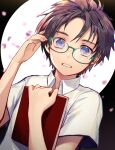  1boy adjusting_eyewear black_hair book commentary glasses highres holding holding_book male_focus mole mole_under_eye open_mouth original penguu_(green528) petals shirt short_hair short_sleeves solo symbol-only_commentary upper_body violet_eyes white_shirt 