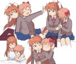  2girls arm_support bed bed_sheet black_legwear blazer blue_skirt blush bow brown_hair brown_jacket cuddling doki_doki_literature_club hair_down holding_hands hug hug_from_behind jacket long_hair looking_at_another monika_(doki_doki_literature_club) multiple_girls nightgown on_bed pajamas ponytail red_bow red_ribbon resting ribbon sayori_(doki_doki_literature_club) school_uniform short_hair sitting skirt sleepwear sleepy smile socks thigh-highs tsubobot white_legwear white_ribbon yuri 