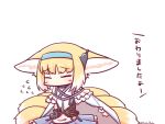  1girl animal_ear_fluff animal_ears arknights bangs bare_shoulders blonde_hair blue_skirt blush_stickers cape closed_eyes eyebrows_visible_through_hair flying_sweatdrops fox_ears fox_girl fox_tail kitsune multicolored_hair pleated_skirt shirt simple_background skirt solo suzuran_(arknights) tail translation_request twitter_username two-tone_hair white_background white_cape white_hair white_shirt yodo_rado 