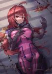  ahoge bangs black_gloves blood bodysuit bow breasts covered_navel fortified_suit gloves hair_bow highres ito_t20a kagami_sumika long_hair looking_at_viewer medium_breasts muvluv muvluv_alternative open_hand pilot_suit pink_bodysuit ponytail red_eyes redhead skin_tight yellow_bow 