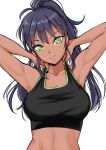  1girl bangs black_hair breasts crop_top dark-skinned_female dark_skin green_eyes highres kajino_(aosansai) long_hair looking_at_viewer medium_breasts midriff navel ponytail sasaki_fuuka smile solo sports_bra stomach tan toned watashi_ga_motenai_no_wa_dou_kangaetemo_omaera_ga_warui! 