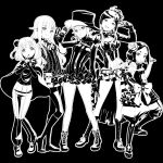  5girls :d :o ange_(princess_principal) beatrice_(princess_principal) belt black_background black_headwear black_legwear boots bow breasts cape dorothy_(princess_principal) dress frills gun hat holding holding_gun holding_sword holding_weapon knee_boots long_hair monochrome multiple_girls pose princess_(princess_principal) princess_principal simple_background small_breasts smile standing sword taniguchi_gou toudou_chise weapon 