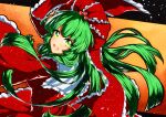  1girl bangs dress eyebrows_visible_through_hair frilled_ribbon frills from_side front_ponytail gradient gradient_background green_hair hair_ribbon kagiyama_hina long_hair looking_at_viewer looking_to_the_side open_mouth orange_background qqqrinkappp red_background red_dress red_ribbon ribbon smile solo touhou traditional_media upper_body 