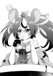  1girl animal_ear_fluff animal_ears animal_on_head breasts dice_hair_ornament drinking_straw fuyumi_kazuki gloves greyscale hair_between_eyes hair_ornament hakos_baelz highres hololive hololive_english medium_breasts monochrome mouse_ears mouse_girl mousetrap mr._squeaks_(hakos_baelz) multicolored_hair off_shoulder on_head single_glove solo table upper_body virtual_youtuber 