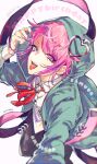  0721786 1boy amemura_ramuda black_pants blue_eyes candy coat collared_shirt dated english_commentary food green_coat happy_birthday highres holding holding_candy holding_food holding_lollipop hood hypnosis_mic lollipop male_focus medium_hair multicolored multicolored_eyes pants parted_lips pink_eyes pink_hair red_neckwear shirt smile smug solo tongue tongue_out violet_eyes white_shirt 