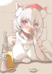  1girl alcohol animal_ears blush bottle drinking glass hat highres inubashiri_momiji looking_at_viewer red_eyes solo tail tokin_hat touhou upper_body white_hair wolf_ears wolf_tail yoyoiro_(sysi20) 