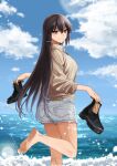  alternate_costume barefoot black_footwear black_hair blue_shorts blue_sky boots boots_removed brown_shirt clouds collared_shirt day denim denim_shorts highres holding holding_clothes holding_footwear kantai_collection long_hair long_sleeves looking_at_viewer machi_(ritovoyage) nagato_(kancolle) no_headgear ocean outdoors parted_lips red_eyes shirt shorts sky smile wading waves 